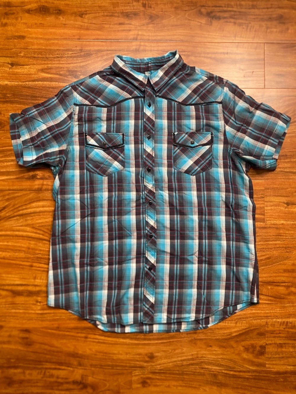 Rerun Mens Blue Plaid Collared Button Down Short Sleeve T-Shirt Size XXL Western